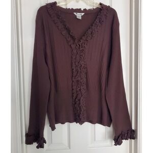Vtg Peter Nygard 3X Silk Blend Ruffle Brown Ribbed Cardigan Plus Size Casual